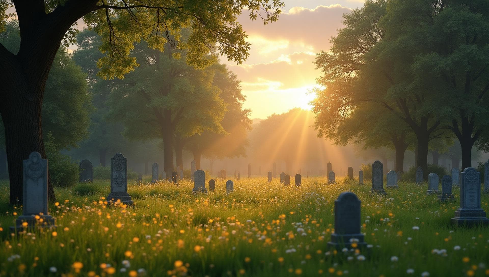 Peaceful cemetery grounds at sunrise with golden flowers and serene atmosphere
